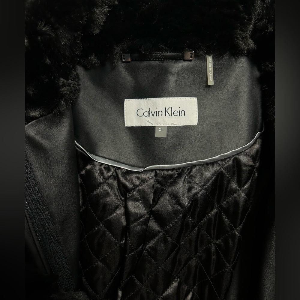 CALVIN KLEIN Black Faux Fur Zipper Coat with Buckle Detail, Size XL, NWOT - Picture 5 of 7